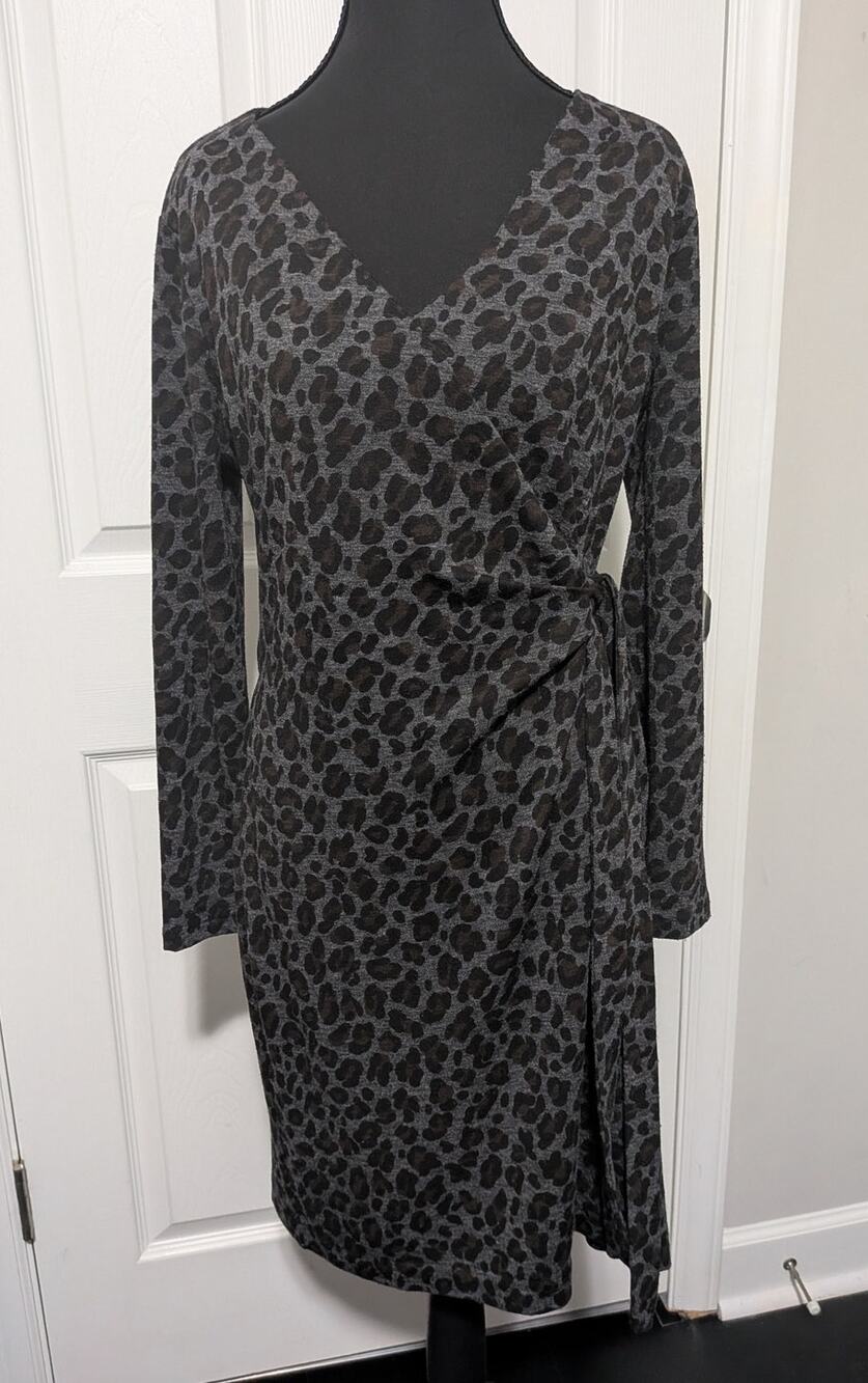 Ann Taylor Petite Medium Grey Leopard Print Long Sleeve Faux Wrap Dress